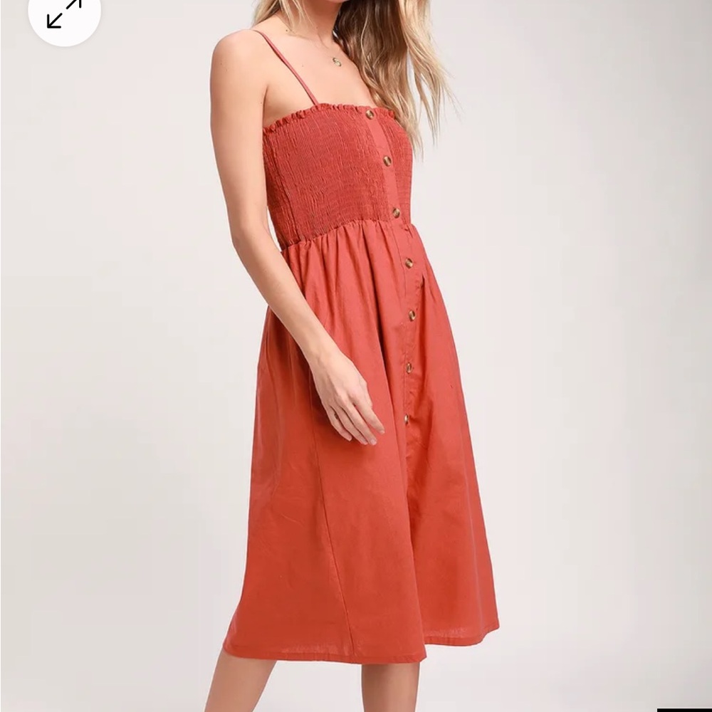 Lulu's Made to Love Terra Cotta Button-Front Midi Dress